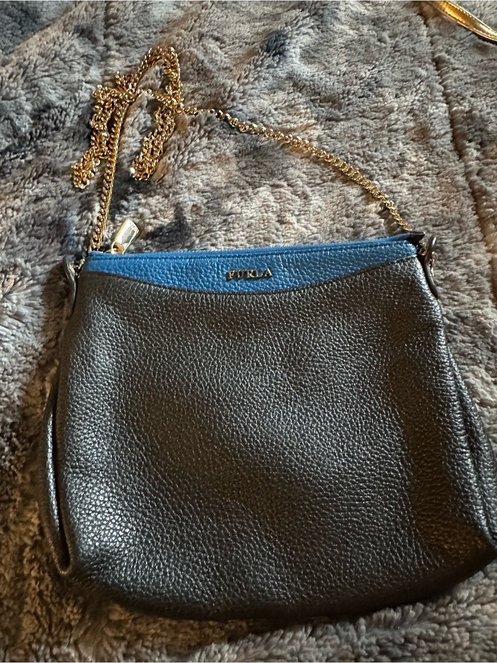 Furla Italy Black Crossbody with Blue Trim and Gold Chain